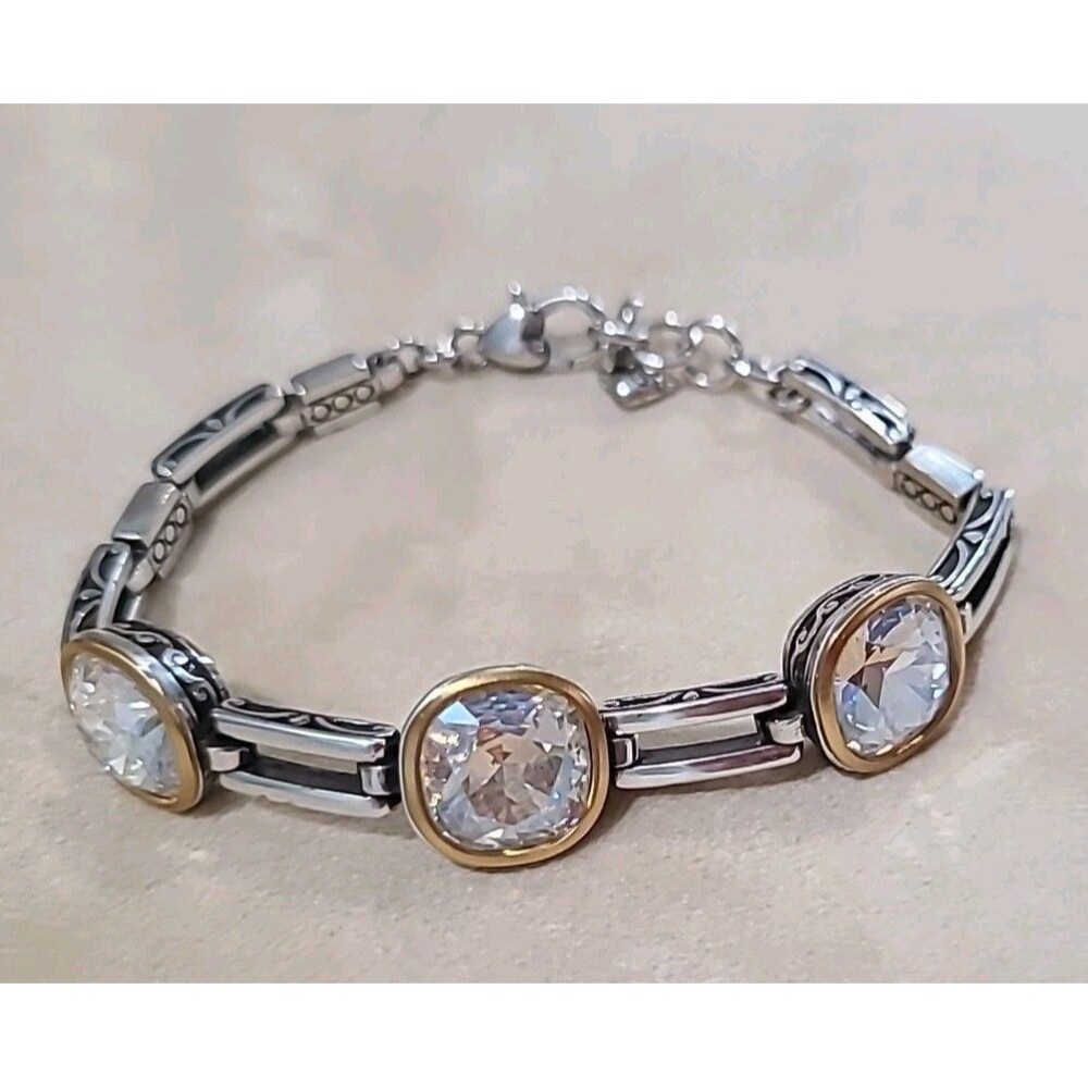 BRIGHTON VENUSIAN CLEAR SWAROVSKI CRYSTAL SILVER GOLD LINK BRACELET